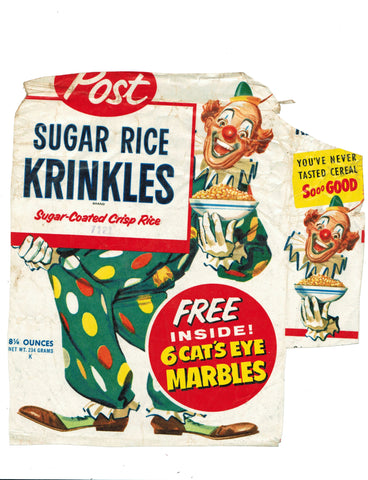 Cereal Box Wrapper for Post Sugar Rice Krinkles with Cat's Eye marbles offer